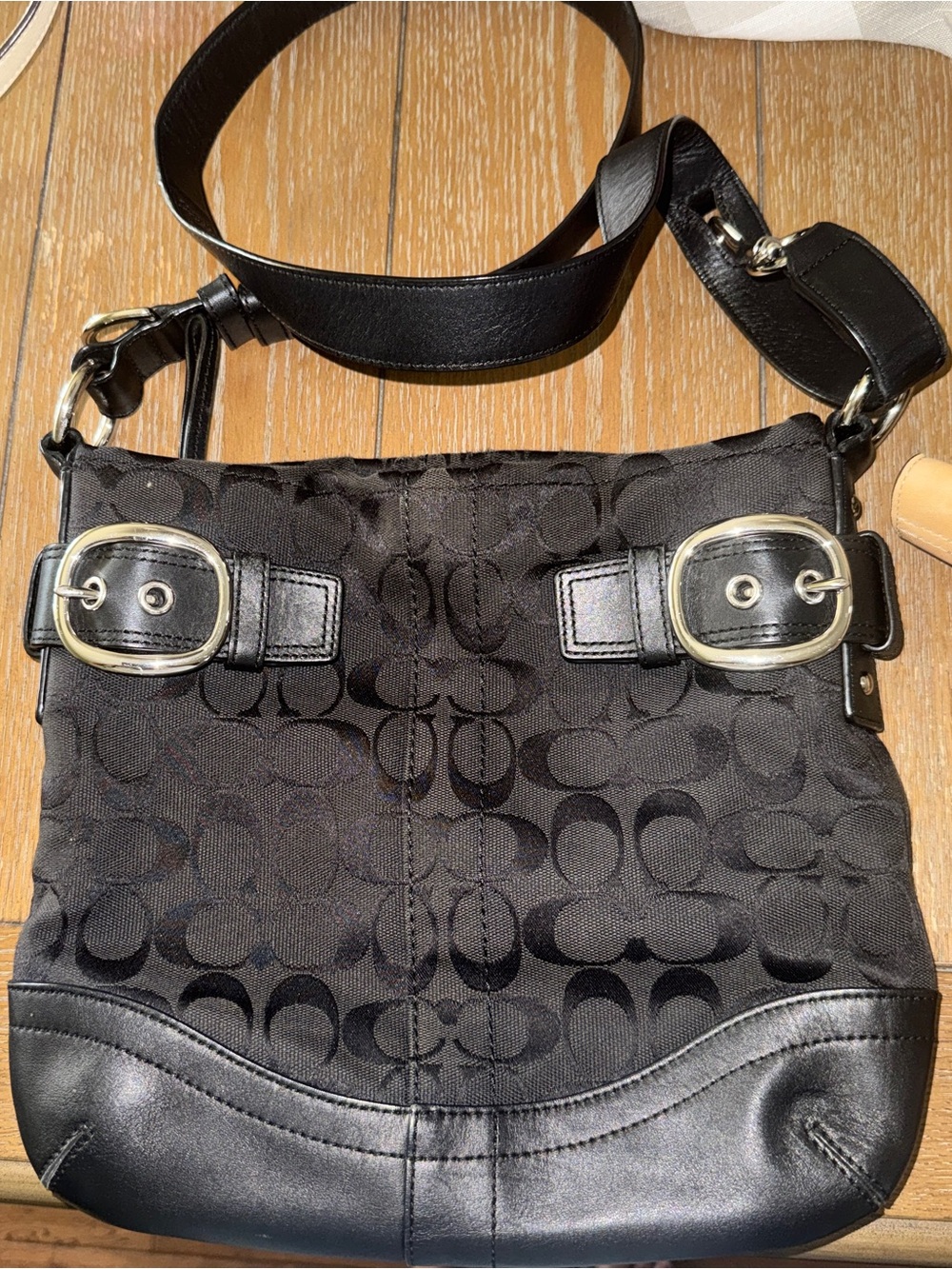 Coach Black Signature Canvas and Leather Crossbody with Silver Buckles